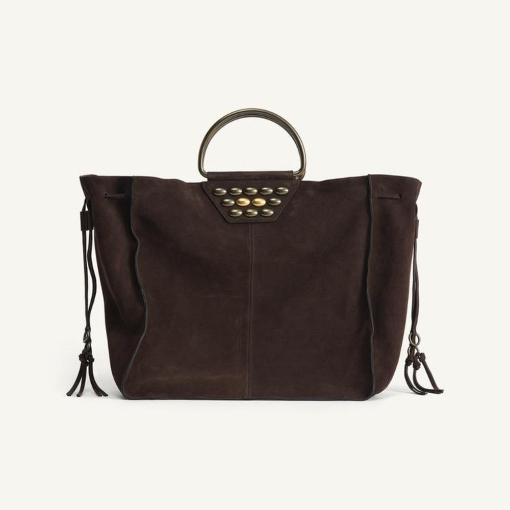 Zara Studio Classic Suede Fringe Studded Tote Bag in Dark Brown Limited Edition